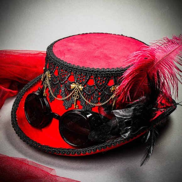 Lace Feather Victoria Steampunk Top Hat Goggle Red - Picture 5 of 9